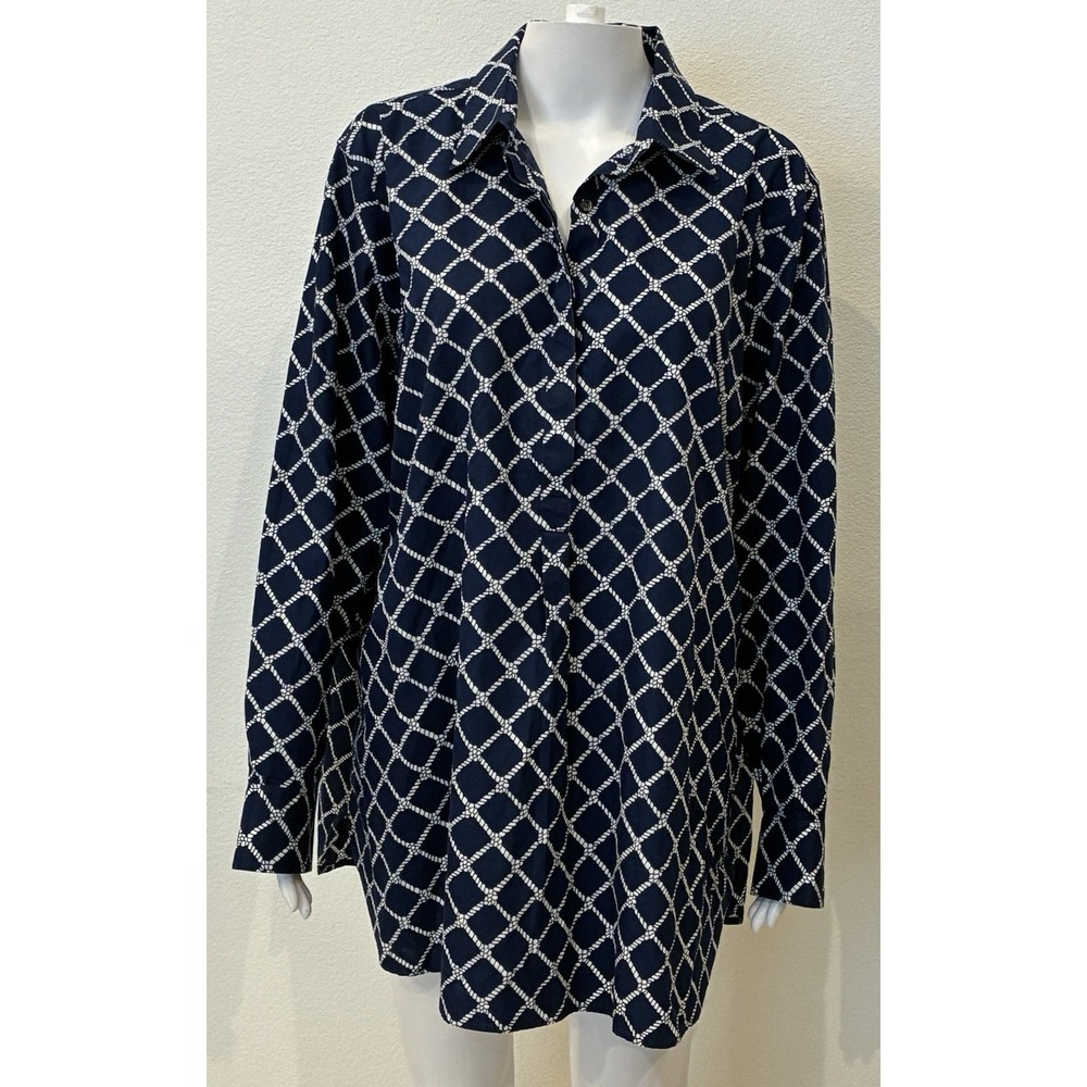 Lands End Womens Plus 24W 1/2 Button Tunic Navy Nautical Office Preppy Classic‎